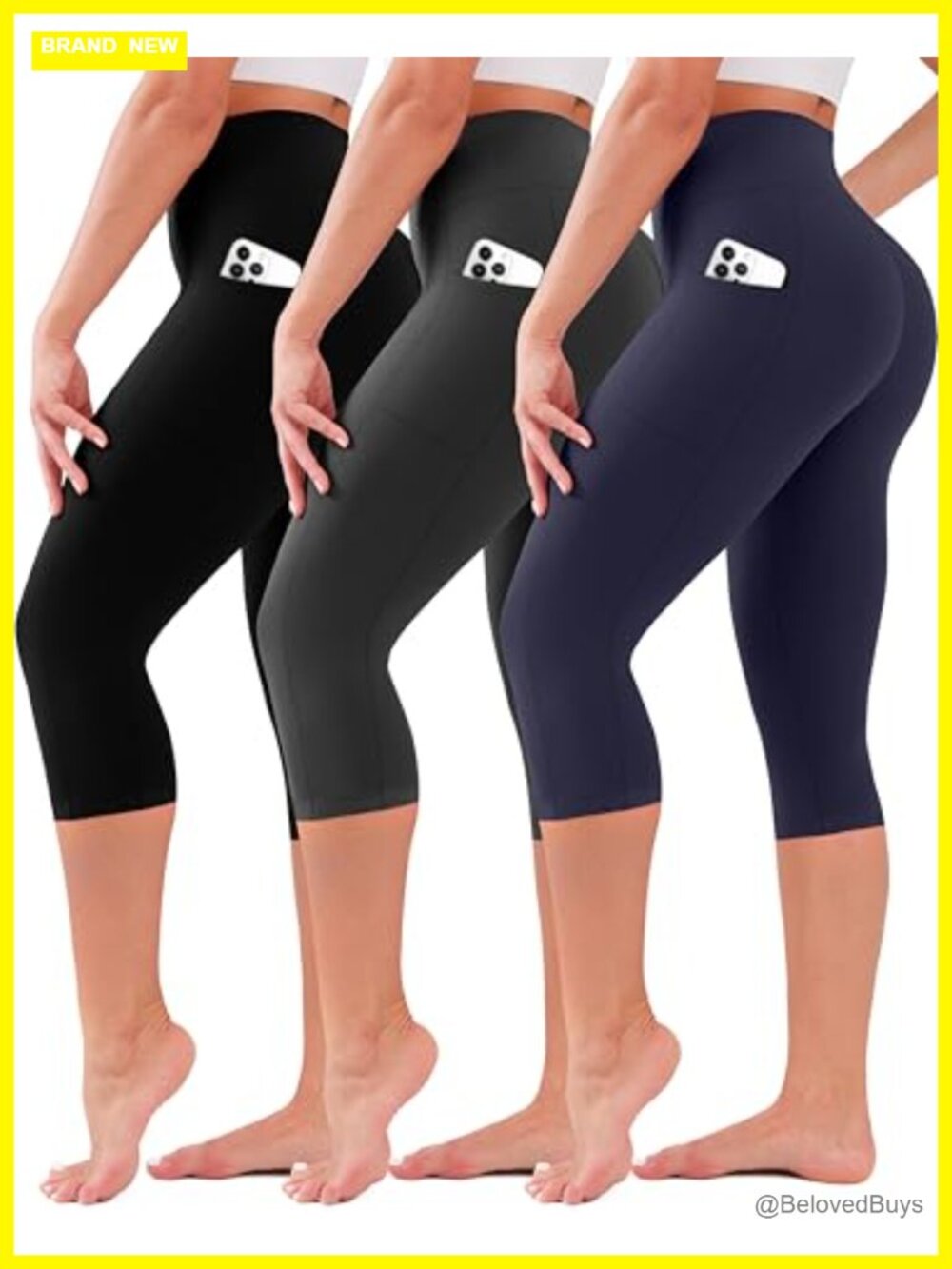 High Waist Capri Leggings 3 Pack Tummy Control Yoga Pants with Pockets